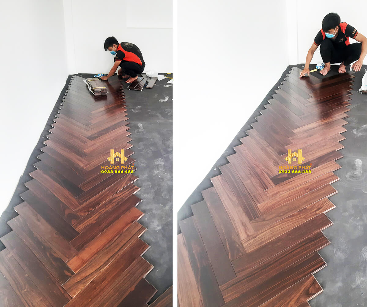 Kỹ thuật Hoàng Phát lắp đặt sàn gỗ chiu liu xương cá