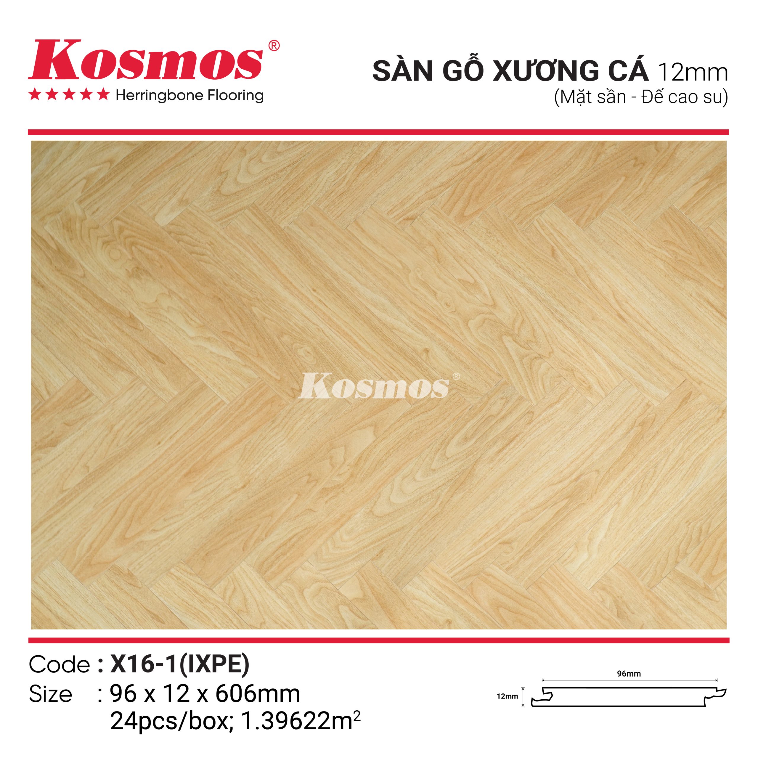 Sàn Gỗ Kosmos Xương Cá Cốt Xanh 12mm Đế Cao Su X16-1
