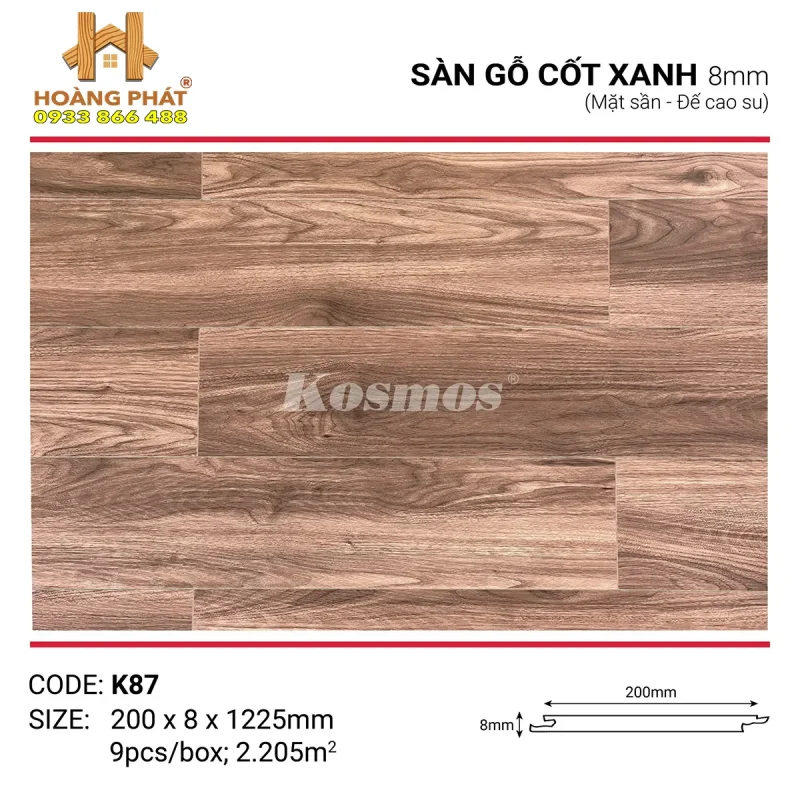 Sàn Gỗ Kosmos Green HDF 8mm K87 - Đế Cao Su