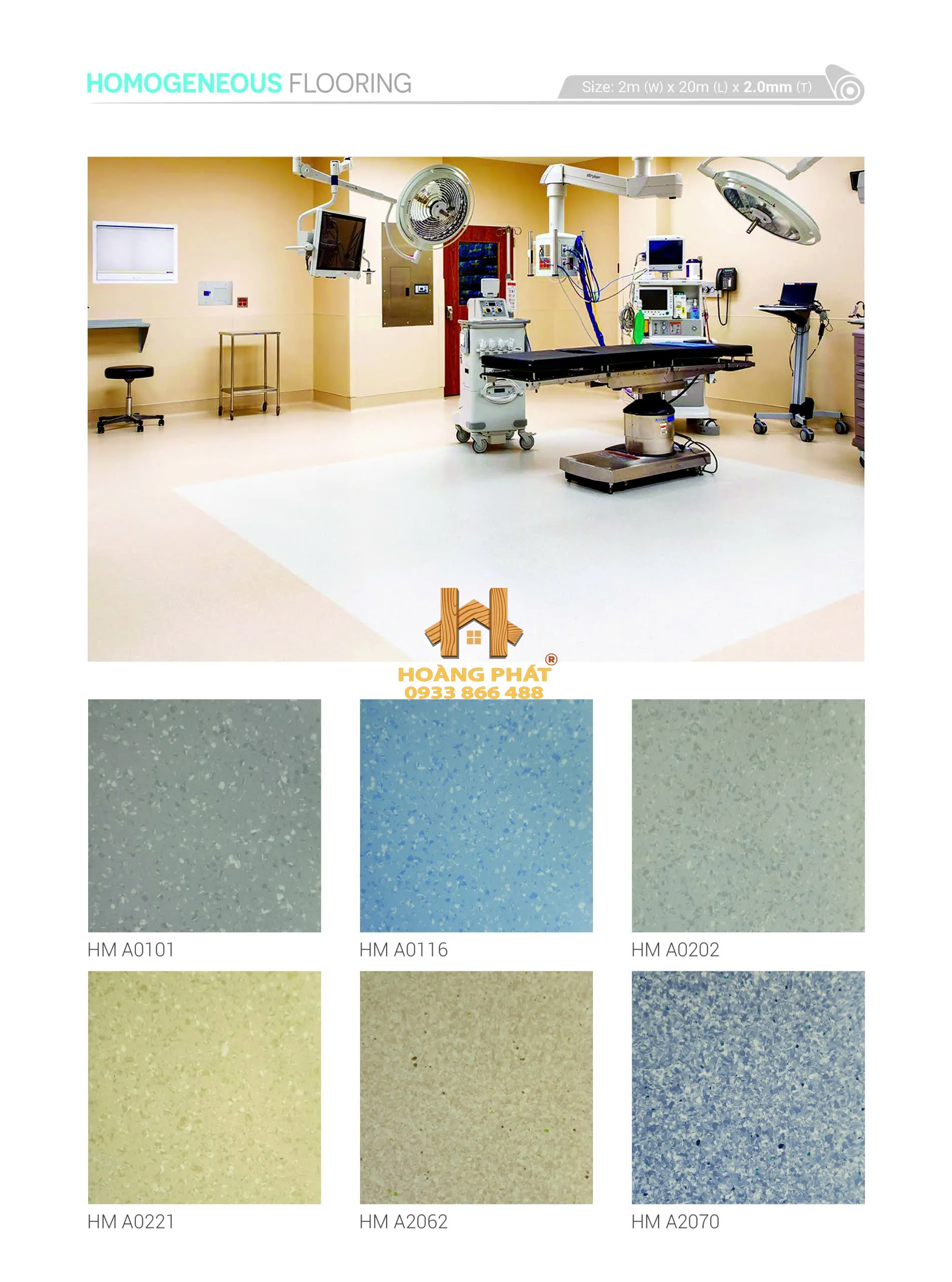 Sàn Vinyl Cuộn Kháng Khuẩn 2.0mm HM A2070 1 Bảng màu sàn vinyl cuộn kháng khuẩn - Homogeneous