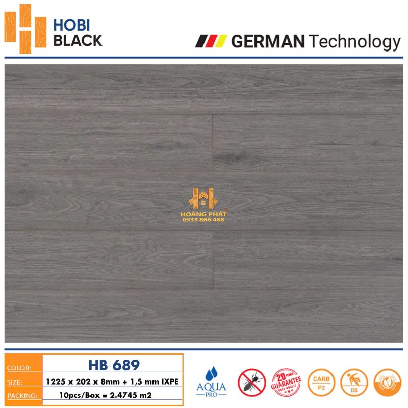 Sàn Gỗ Hobi Black 8mm Đế Cao Su HB689