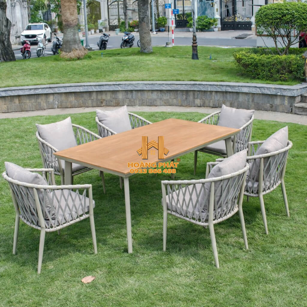Bộ Bàn Ghế Sân Vườn Composite 6 Ghế Dây Dù - Đẳng Cấp Resort Sang Trọnghp935(1) Bộ Bàn Vuông Nan Nhựa 6 Ghế Dây Dù Sang Trọng HP935