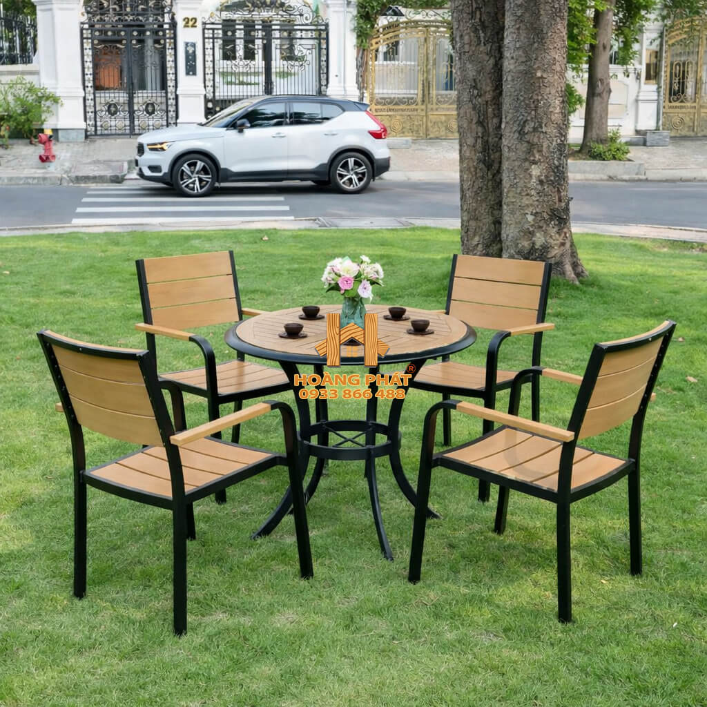 Bộ Bàn Ghế Sân Vườn Composite Mặt Tròn 4 Ghế hp932 (1) Bộ Bàn Tròn Nan Nhựa 4 Ghế Sân Vườn HP932