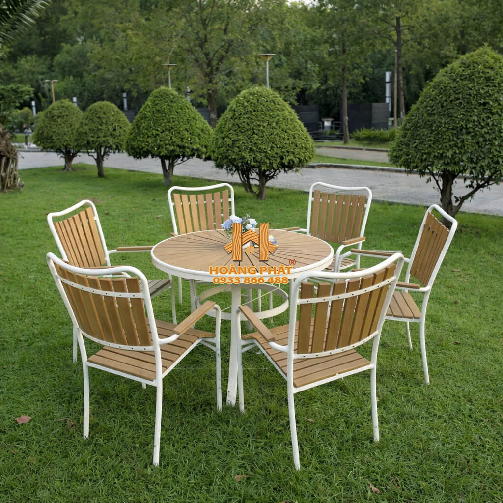 Bộ bàn ghê Composite hình tròn phù hợp cho không gian sân vươn, nhà hàng , cafe hp946 (1) Bộ Bàn Tròn & 6 Ghế Sân Vườn Sang Trọng HP946
