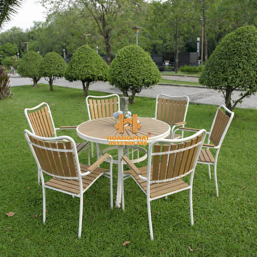 Bộ bàn ghê Composite hình tròn phù hợp cho không gian sân vươn, nhà hàng , cafe hp946 Bộ Bàn Tròn & 6 Ghế Sân Vườn Sang Trọng HP946