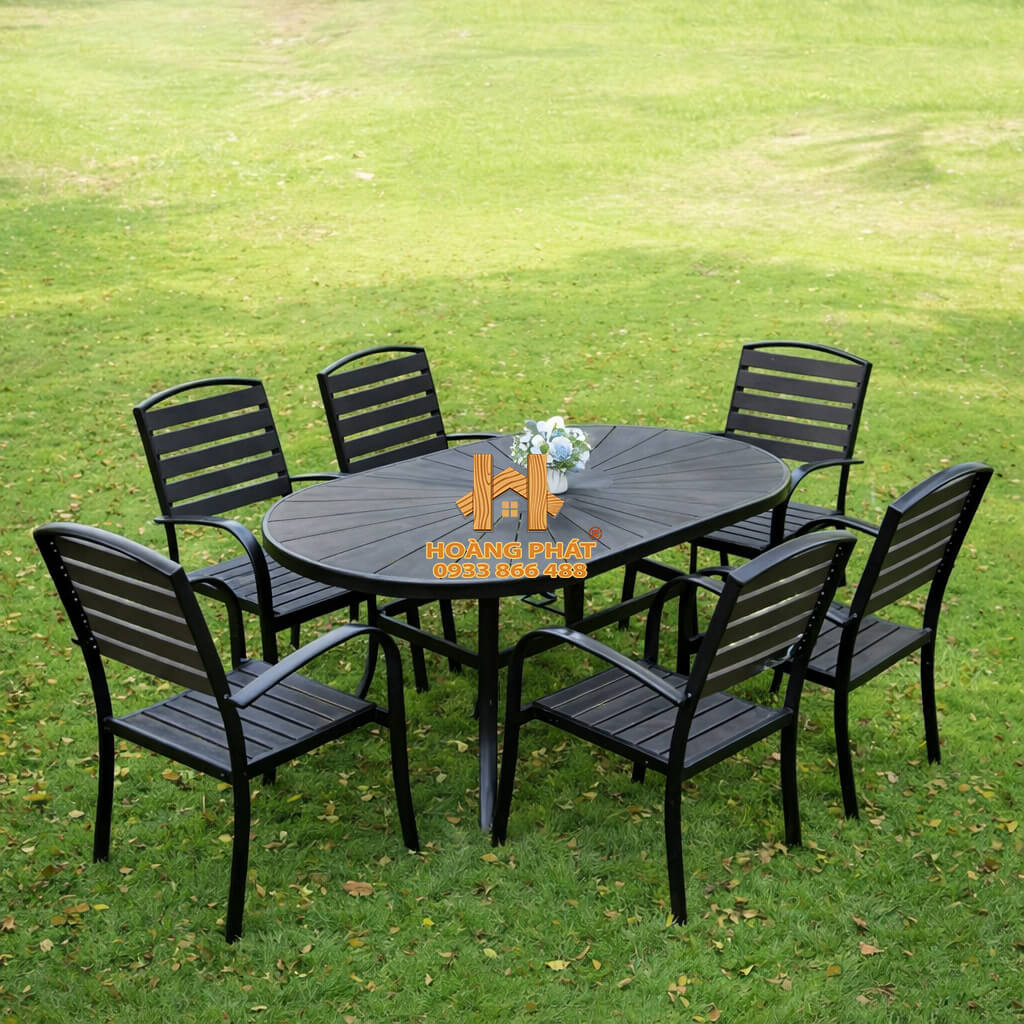 Bộ bàn ghế sân vườn, nhà hàng, cafe chất liệu Composite nan màu vàng (3) Bộ Bàn Cánh Sen & 6 Ghế Nhựa Composite Sân Vườn HP931