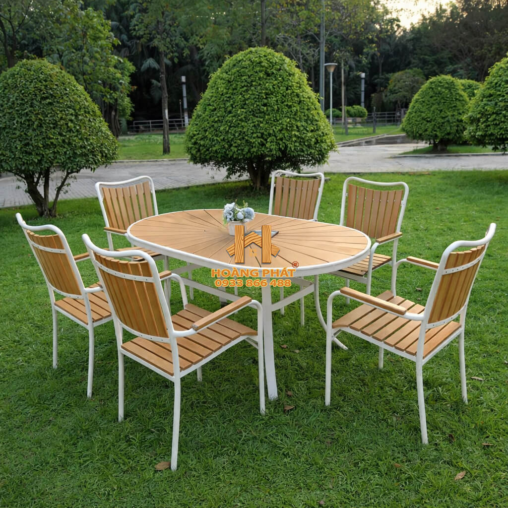 Bộ bàn ghế sân vườn, nhà hàng, cafe chất liệu Composite nan màu vàng hp931 (1) Bộ Bàn Cánh Sen & 6 Ghế Nhựa Composite Sân Vườn HP931