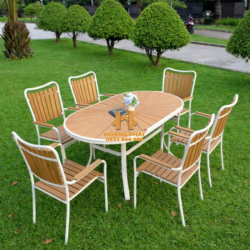 Bộ Bàn Cánh Sen & 6 Ghế Nhựa Composite Sân Vườn HP931