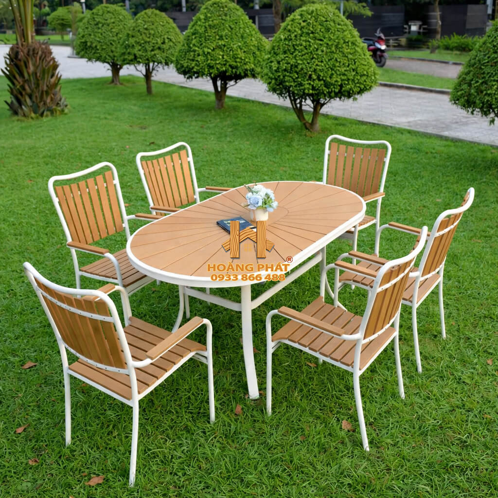 Bộ bàn ghế sân vườn, nhà hàng, cafe chất liệu Composite nan màu vàng hp931 Bộ Bàn Cánh Sen & 6 Ghế Nhựa Composite Sân Vườn HP931