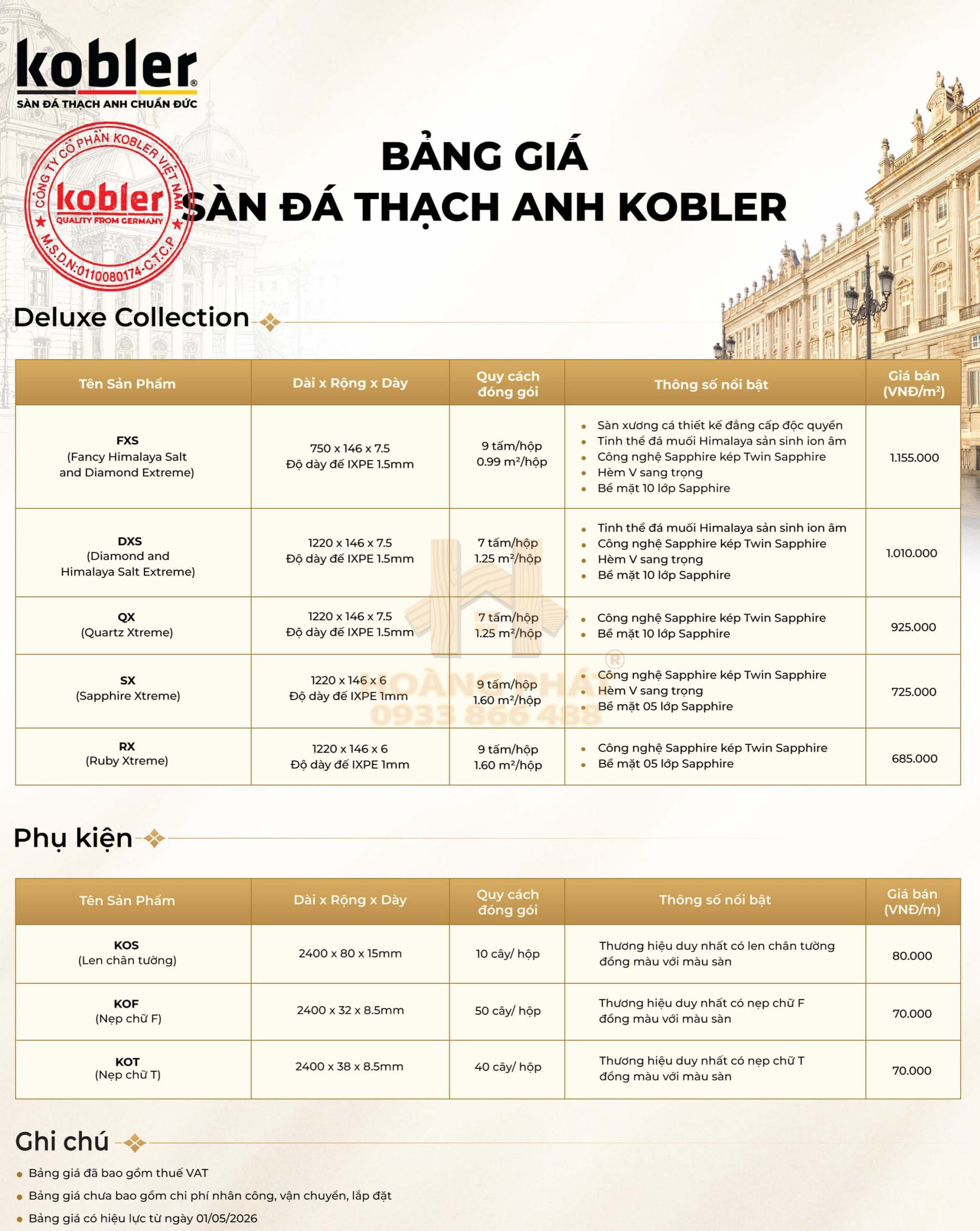 Bảng báo giá sàn đá thạch anh Kobler mới nhất 2026