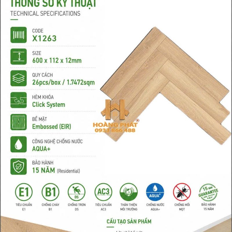 Sàn Gỗ Acacia 12mm Cốt Đen Xương Cá X1263