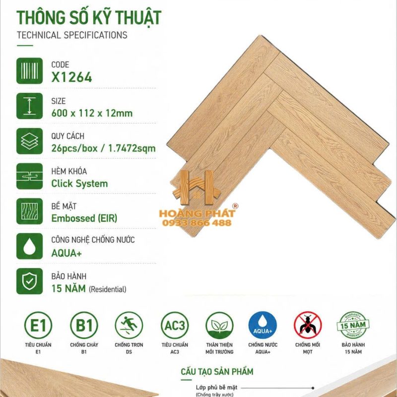 Sàn Gỗ Acacia 12mm Cốt Đen Xương Cá X1264