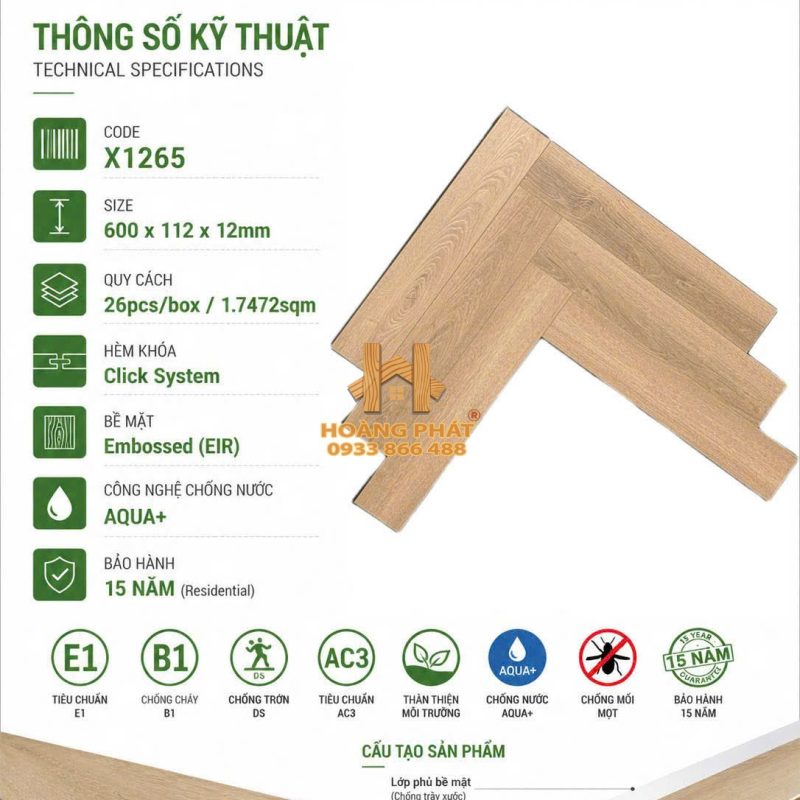 Sàn Gỗ Acacia 12mm Cốt Đen Xương Cá X1265