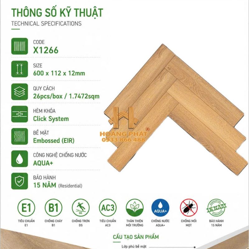Sàn Gỗ Acacia 12mm Cốt Đen Xương Cá X1266