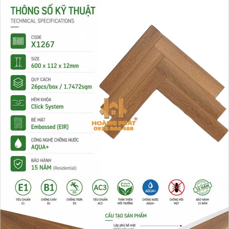 Sàn Gỗ Acacia 12mm Cốt Đen Xương Cá X1267