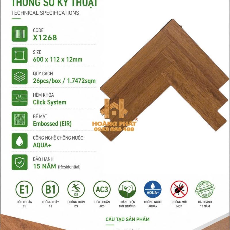 Sàn Gỗ Acacia 12mm Cốt Đen Xương Cá X1268