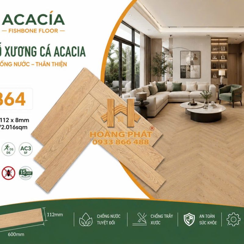 Sàn Gỗ Acacia 8mm Cốt Đen Xương Cá X864