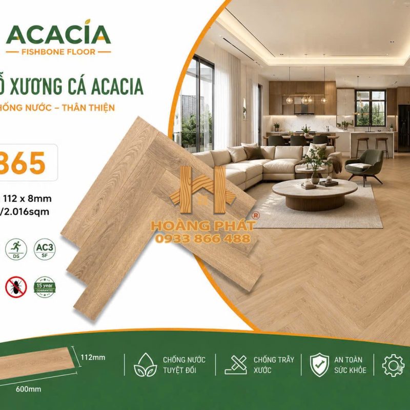 Sàn Gỗ Acacia 8mm Cốt Đen Xương Cá X865