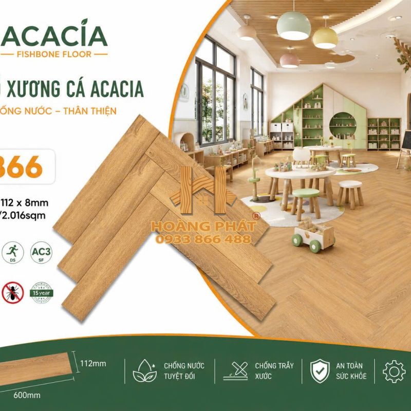 Sàn Gỗ Acacia 8mm Cốt Đen Xương Cá X866