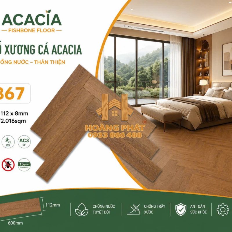 Sàn Gỗ Acacia 8mm Cốt Đen Xương Cá X867
