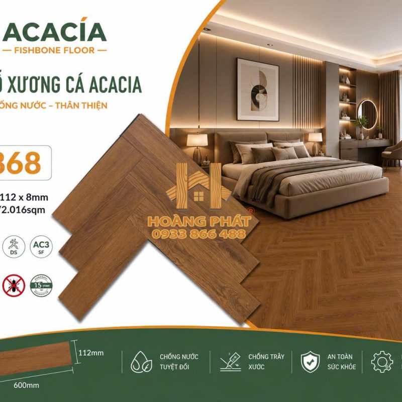 Sàn Gỗ Acacia 8mm Cốt Đen Xương Cá X868