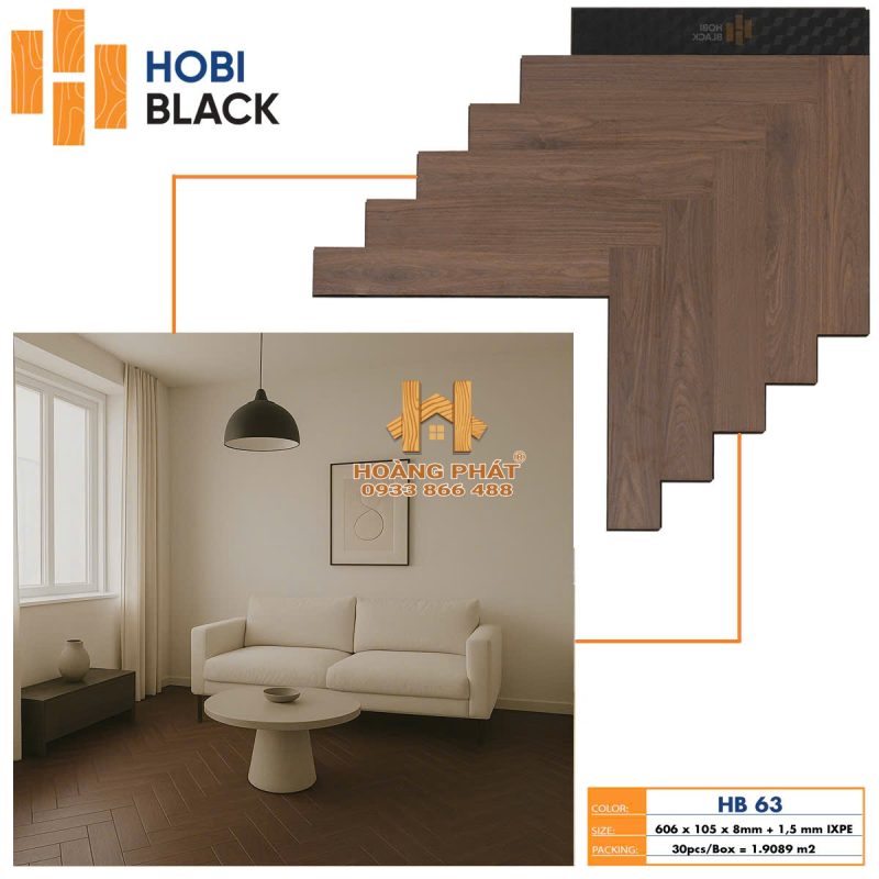 Sàn Gỗ Hobi Black 8mm Đế Cao Su Xương Cá HB63