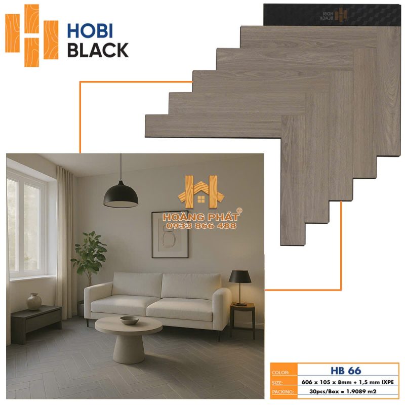 Sàn Gỗ Hobi Black 8mm Đế Cao Su Xương Cá HB66