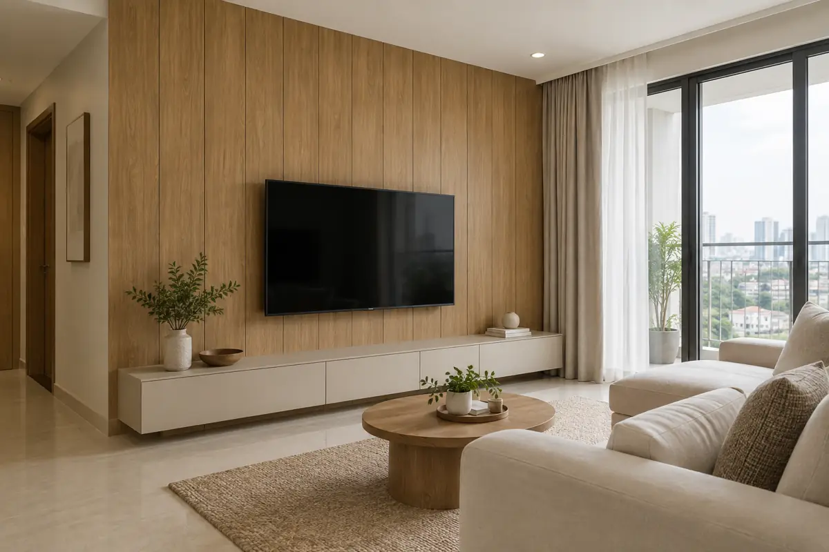 Phối cảnh tường TV phòng khách ốp tấm nano vân gỗ phẳng