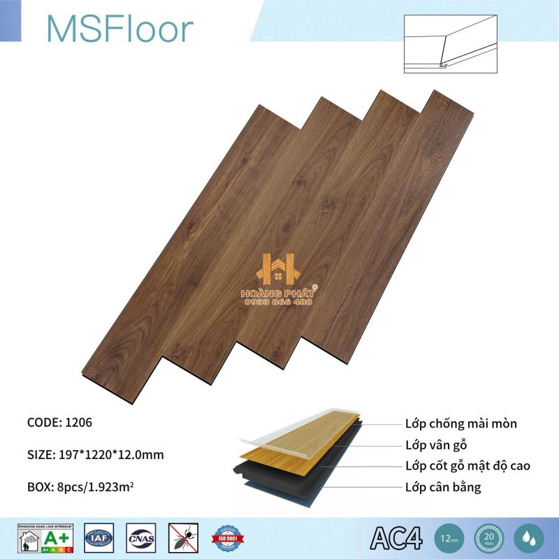 Sàn Gỗ MS Floor 12mm Cốt Đen 1206