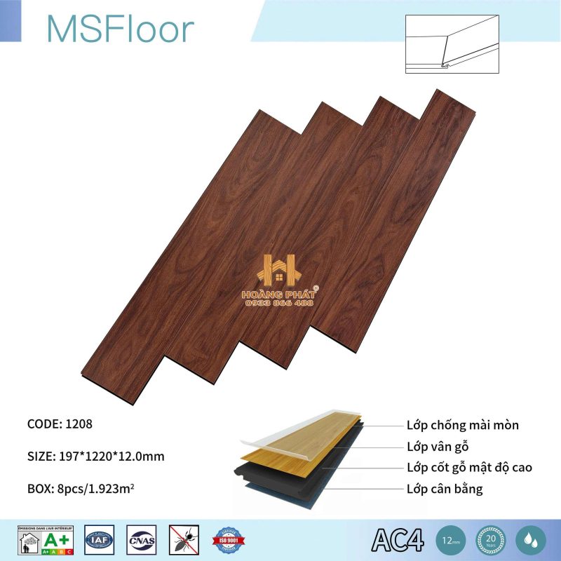 Sàn Gỗ MS Floor 12mm Cốt Đen 1208