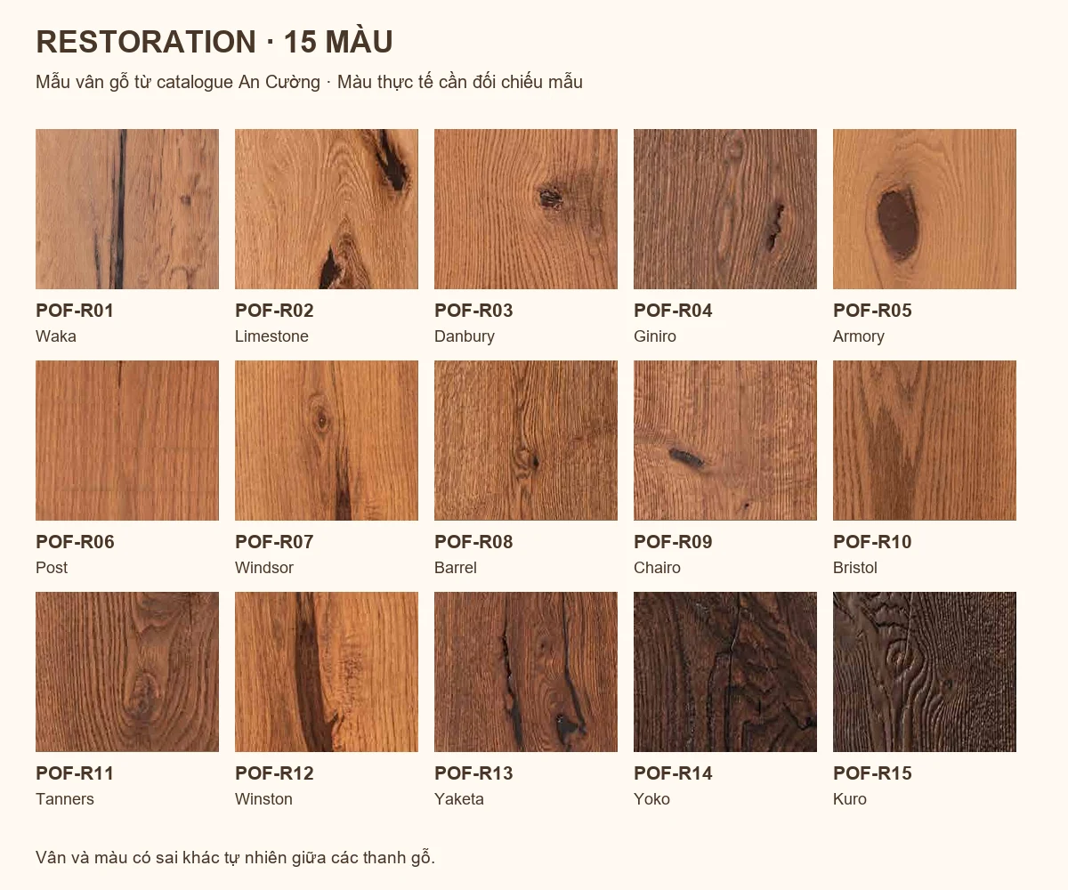 Đầy đủ 15 màu sàn PrimeOak Restoration từ POF-R01 đến POF-R15