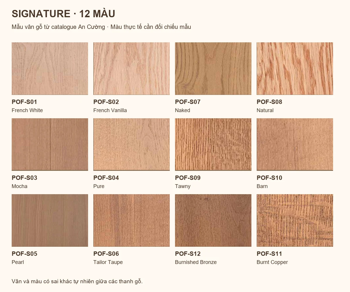 Đầy đủ 12 màu sàn PrimeOak Signature từ POF-S01 đến POF-S12