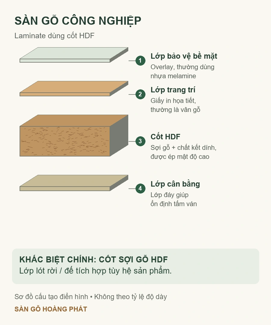 Sàn gỗ hay sàn nhựa SPC? So sánh giá, độ bền và cảm giác sử dụng 1 Cấu tạo sàn gỗ laminate với cốt sợi gỗ HDF