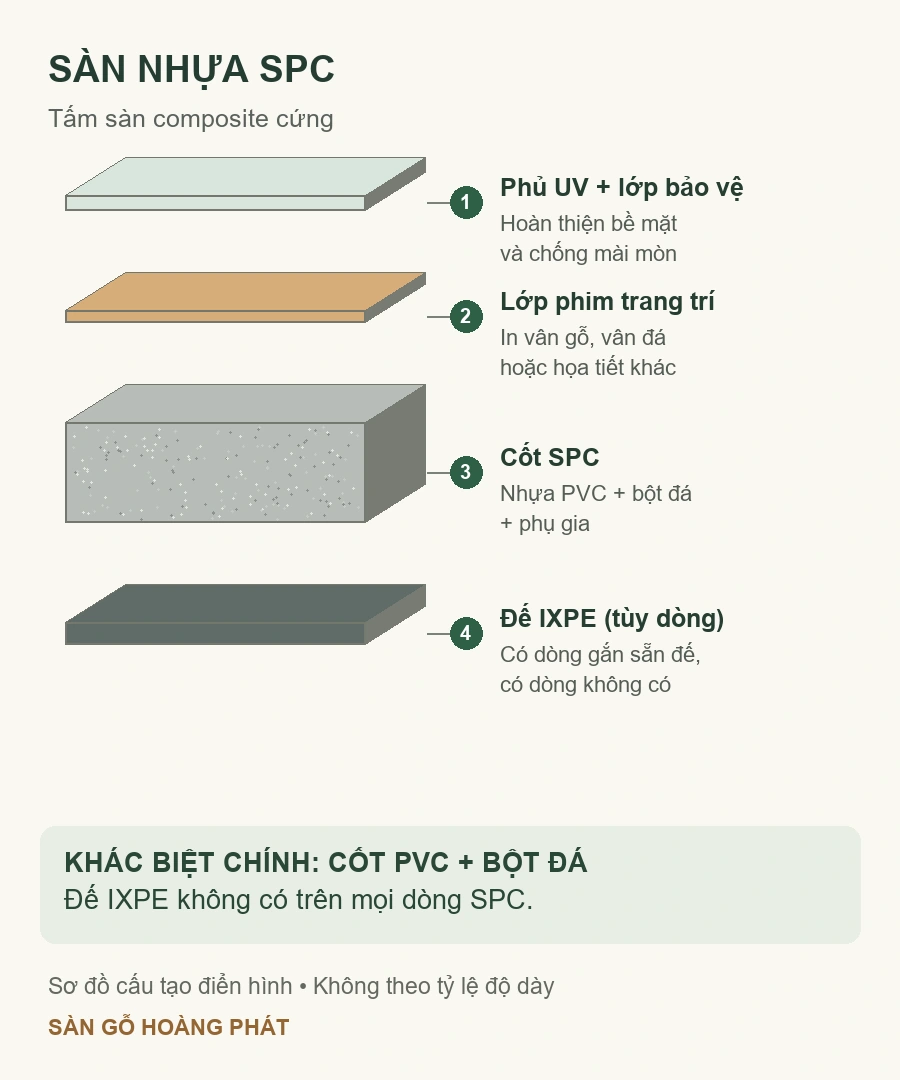 Sàn gỗ hay sàn nhựa SPC? So sánh giá, độ bền và cảm giác sử dụng 2 Cấu tạo sàn nhựa SPC với cốt PVC bột đá và đế IXPE tùy dòng