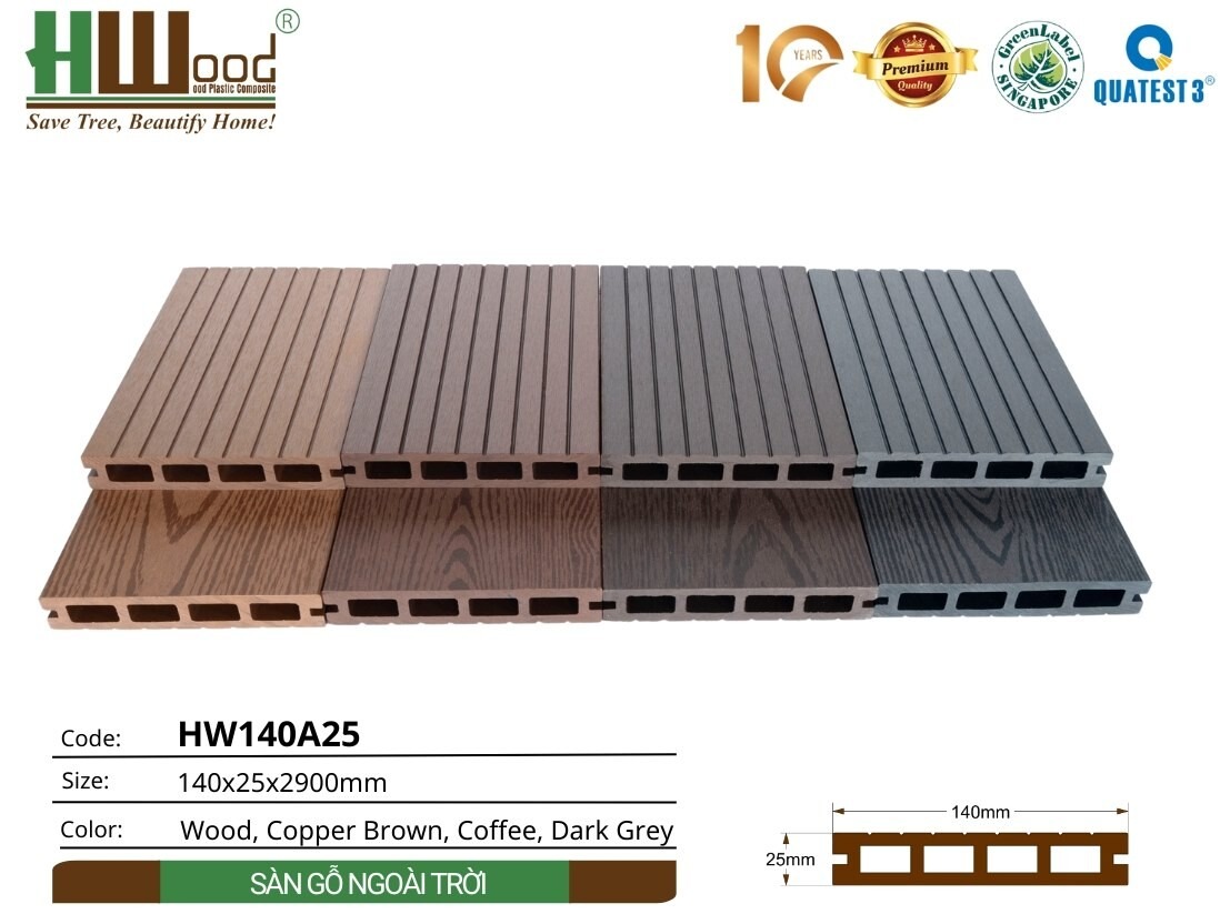 Sàn gỗ nhựa Hwood HW140A25 – tổng hợp màu Sàn gỗ nhựa ngoài trời Hwood HW140A25 – bảng màu và cấu tạo 4 lỗ vuông