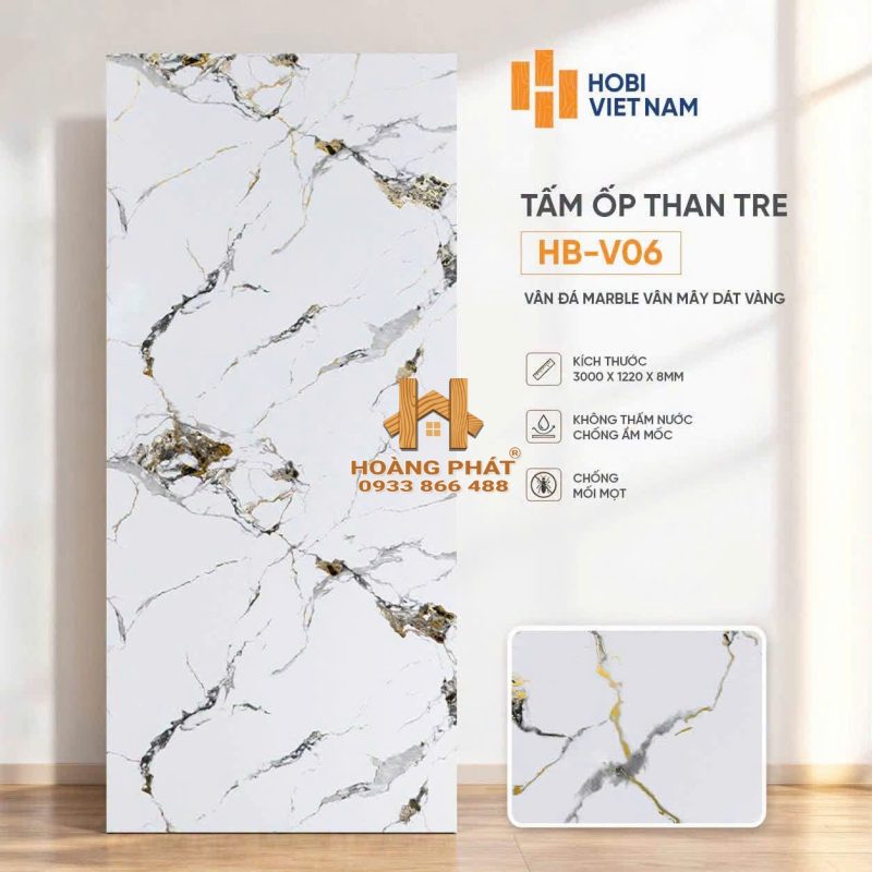 Tấm Ốp Than Tre Vân Đá Marble Vân Mây Dát Vàng HB-V06