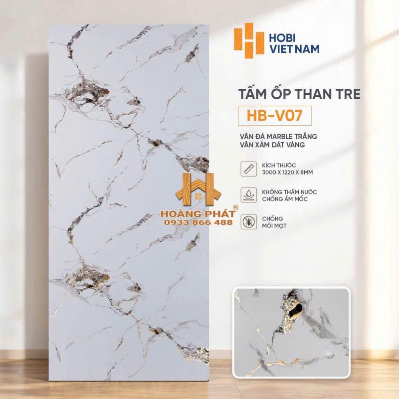 Tấm Ốp Than Tre Vân Đá Marble Trắng Vân Xám Dát Vàng HB-V07