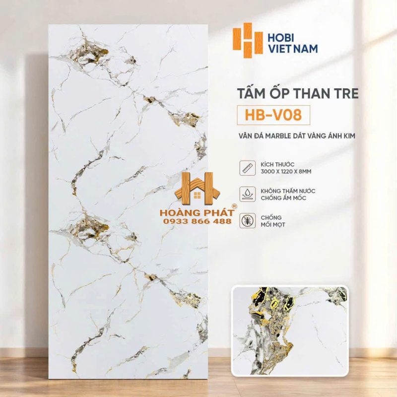 Tấm Ốp Than Tre Vân Đá Marble Dát Vàng Ánh Kim HB-V08