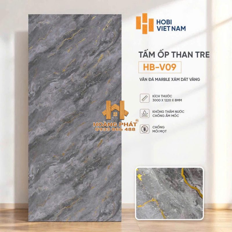 Tấm Ốp Than Tre Vân Đá Marble Xám Dát Vàng HB-V09