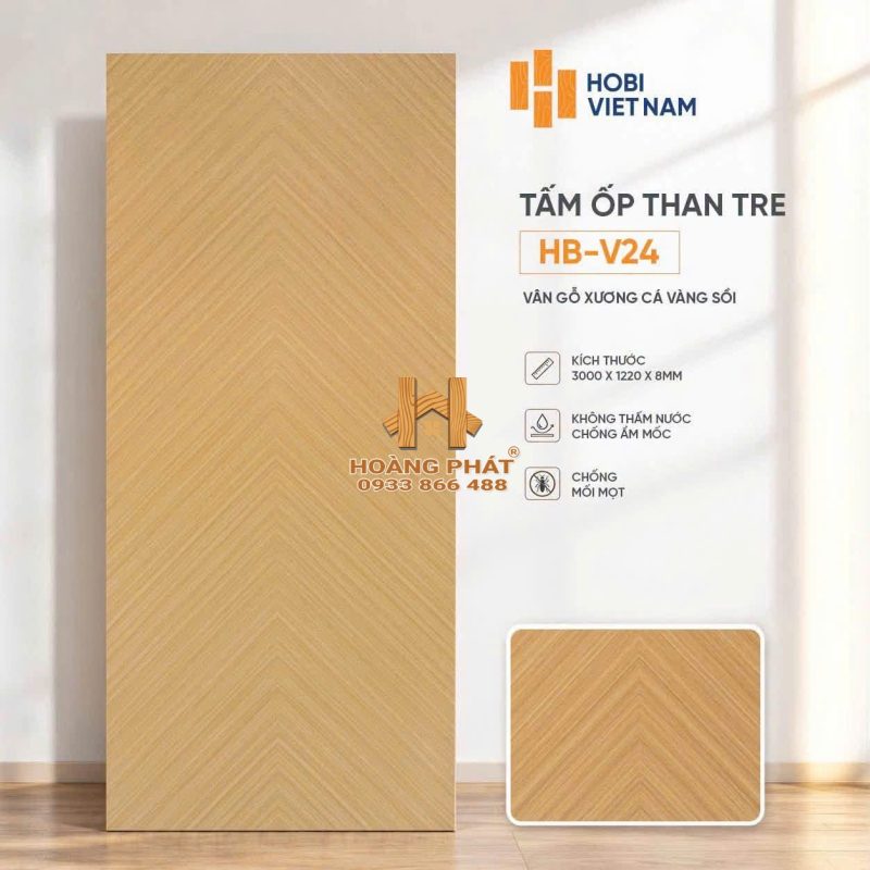 Tấm Ốp Than Tre Vân Gỗ Xương Cá Vàng Sồi HB-V24