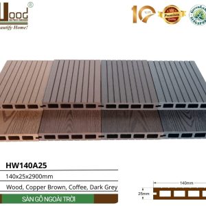 Sàn gỗ nhựa ngoài trời Hwood HW140A25 – bảng màu và cấu tạo 4 lỗ vuông